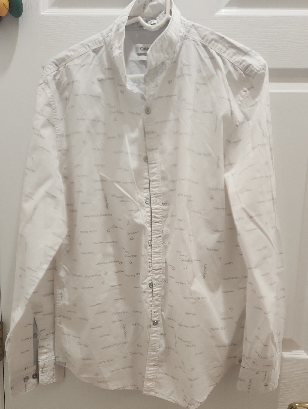 Calvin Klein White Button-Up Shirt Body Fit with Subtle Gray Logo Print Large